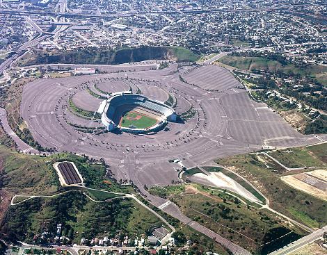 Early aerial view of Dodger Stadium, Los Angeles, California, USA,  between 1963 and 1969. Scanned film.