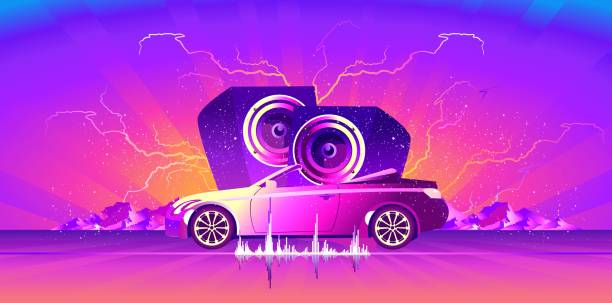illustrazioni stock, clip art, cartoni animati e icone di tendenza di auto audio onda sonora banner - land vehicle audio