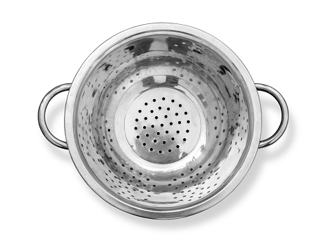 Steel colander isolated on white background with clipping path