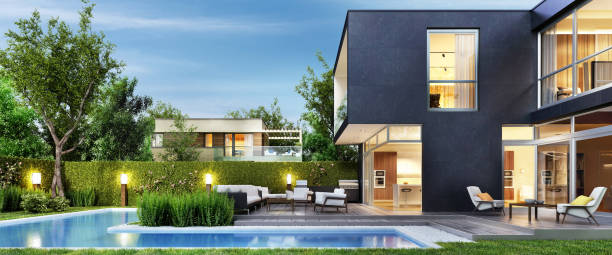moderna casa negra con patio y piscina - house residential structure luxury night fotografías e imágenes de stock