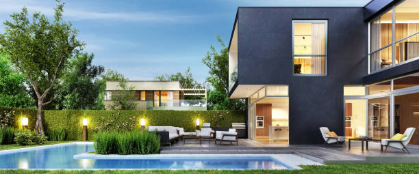 moderna casa nera con patio e piscina - house residential structure luxury night foto e immagini stock