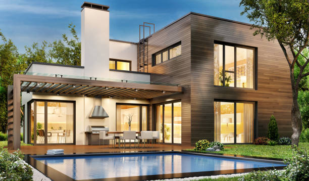 Modern house with swimming pool Beautiful modern home show home stock pictures, royalty-free photos & images