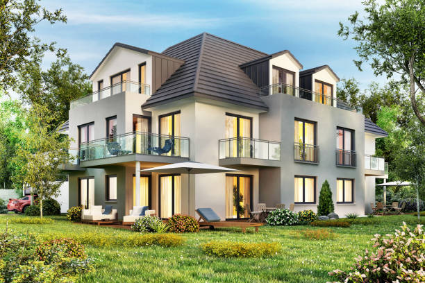 istock Large townhouse with lawn and terrace. 3D rendering 1201803926