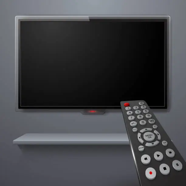 Vector illustration of Realistic tv screen and 3d remote