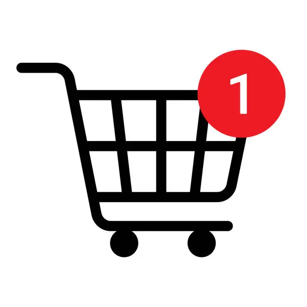 Vector illustration of Shopping cart line icon, black editable stroke. Trolley, basket business concept. Shopping cart with number of purchases. Vector illustration isolated on white background