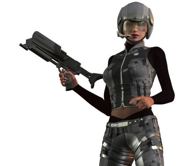 futuristic cop, Warrior girl armed with gun, 3d illustration
