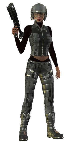 istock futuristic Warrior girl, armed with gun, 3d illustration 1201806691