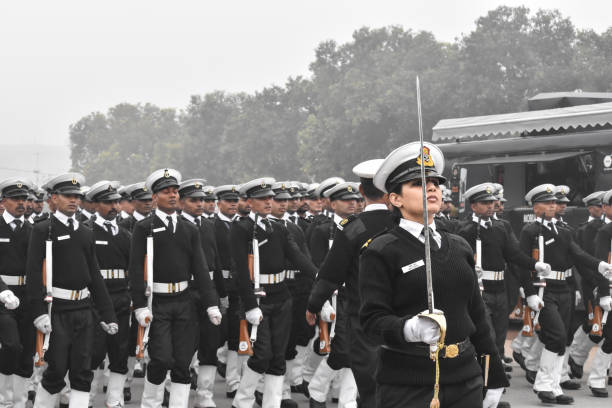 Republic Day rehearsal at Rajpath and India Gate. New Delhi, India - January 25 2020: Republic Day rehearsal at Rajpath and India Gate. Fully uniformed men and women doing march past. Indian Navy Day stock pictures, royalty-free photos & images