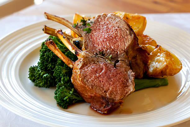 Lamb Dinner Rack of lamb with broccolini and roasted potatoes.  More lamb images:   http://robynm.smugmug.com/photos/175551229-L.jpg  rack of lamb stock pictures, royalty-free photos & images