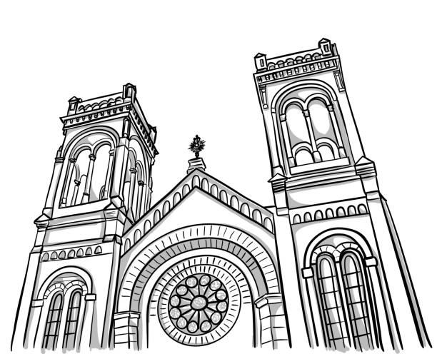 ilustraciones, imágenes clip art, dibujos animados e iconos de stock de boceto de ángulo bajo de la iglesia - rose window window church built structure