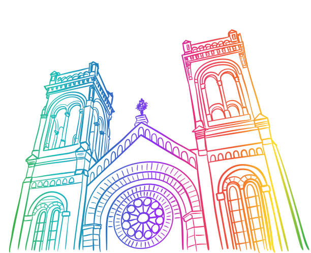 ilustraciones, imágenes clip art, dibujos animados e iconos de stock de iglesia de bajo ángulo sketch arco iris - window rose window gothic style architecture