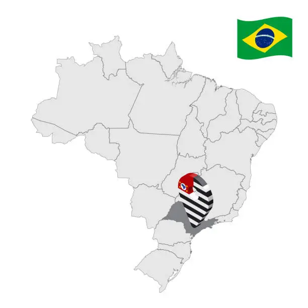 Vector illustration of Location of Sao Paulo on map Brazil. 3d Sao Paulo location sign similar to the flag of Sao Paulo. Quality map  with regions of Brazil. Federal Republic of Brazil. EPS10.