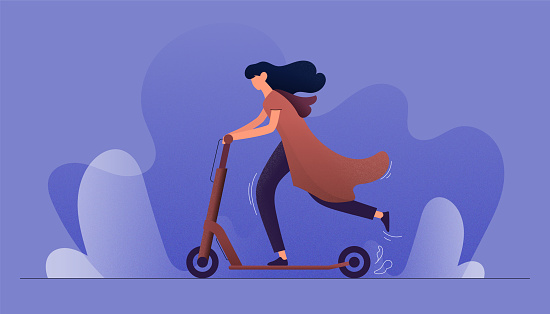 Vector Illustration of Young Woman Riding Electric Scooter. Flat Modern Design for Web Page, Banner, Presentation etc.