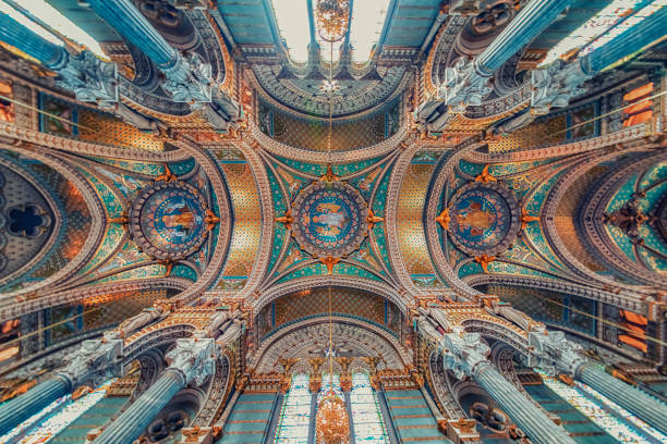Ceiling of the basilica nside the Basilica of Notre-Dame de Fourviere in Lyon, France lyon photos stock pictures, royalty-free photos & images