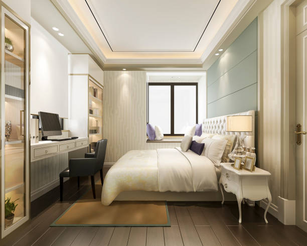 istock 3d rendering beautiful classic luxury bedroom suite in hotel with tv and working table and bookshelf european style 1201820497