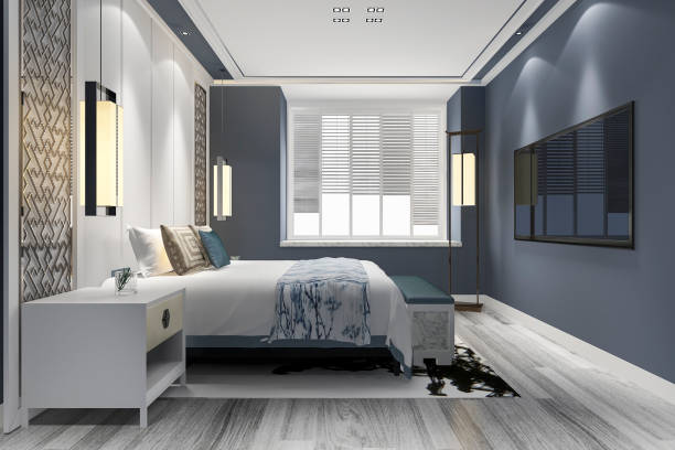 istock 3d rendering blue luxury chinese bedroom suite in resort hotel 1201820529
