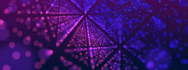 Abstract performance stage background and wide screen web banner, 3D purple neon light bokeh defocus shinning dark backgrounds.