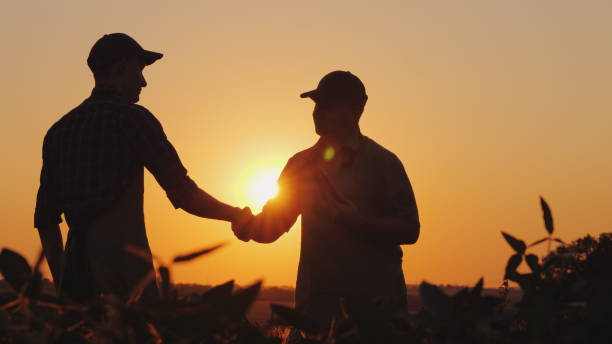 dos granjeros hablan en el campo y luego se dan la mano. usar una tableta - farmer rural scene laptop computer fotografías e imágenes de stock