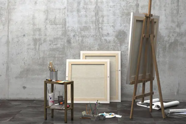 Photo of Interior of an art studio with an easel, canvas on a stretcher and a set of artist's tools. Design of a loft-style art workshop with a concrete wall and copy space. 3D rendering