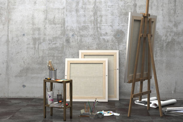 interior of an art studio with an easel, canvas on a stretcher and a set of artist's tools. design of a loft-style art workshop with a concrete wall and copy space. 3d rendering - easel art paint artists canvas imagens e fotografias de stock