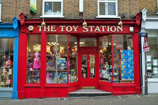 London, England - February 04, 2016: The exterior and window display of The Toy Station shop in Richmond Town Centre, London