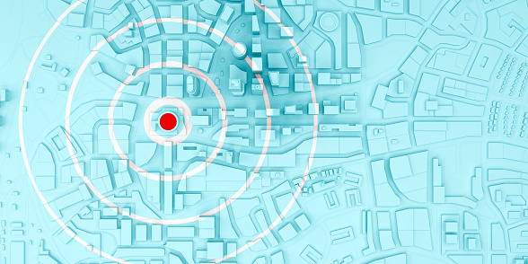 red rings of epicenter in the low poly city top view. 3d rendering