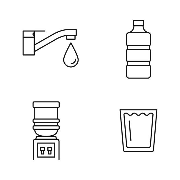 stockillustraties, clipart, cartoons en iconen met watericonen: kraan, fles, waterkoeler dispenser, glas - waterkoeler