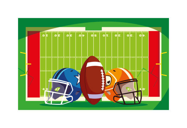 illustrazioni stock, clip art, cartoni animati e icone di tendenza di caschi e palla american football sullo stadio - bruno arena