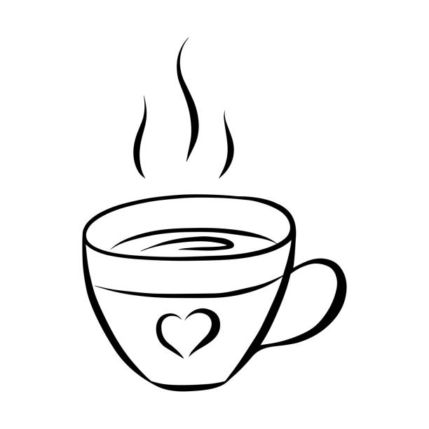 ilustraciones, imágenes clip art, dibujos animados e iconos de stock de ilustración vectorial en blanco y negro en estilo doodle. taza con café caliente o té. copa con corazón. el elemento se dibuja a mano - steam coffee cup black coffee non alcoholic beverage