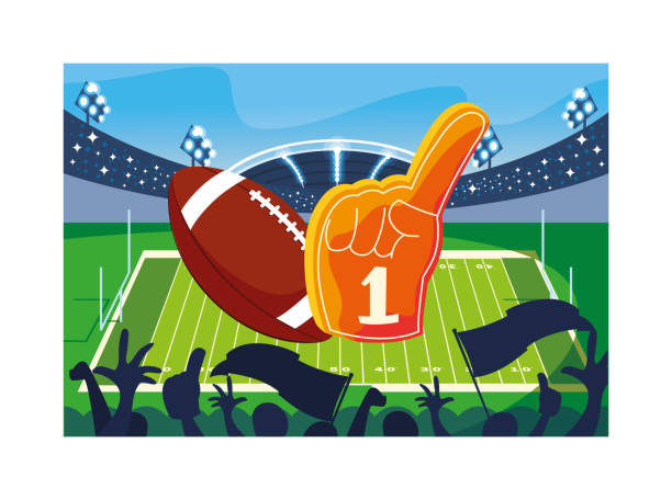 american-football-ball mit handhandschuh auf stadionrasen - football goal post goal post american football stadium football field stock-grafiken, -clipart, -cartoons und -symbole
