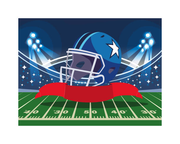 american-fußball-helm auf stadionrasen - american football stadium football field football goal post goal stock-grafiken, -clipart, -cartoons und -symbole