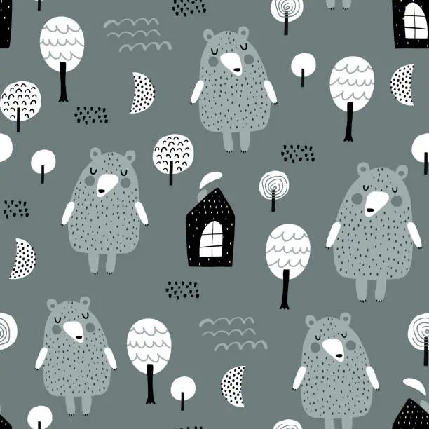 Vector illustration of Semless woodland pattern with cute bear, forest houses and hand drawn elements. Scandinaviann style childish texture for fabric, textile, apparel, nursery decoration. Vector illustration