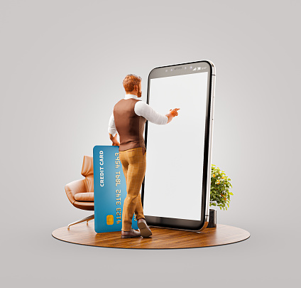 Unusual 3d illustration of a young man with credit card standing at big smartphone in office and using smart phone application for shopping an payment. Payment online concept.
