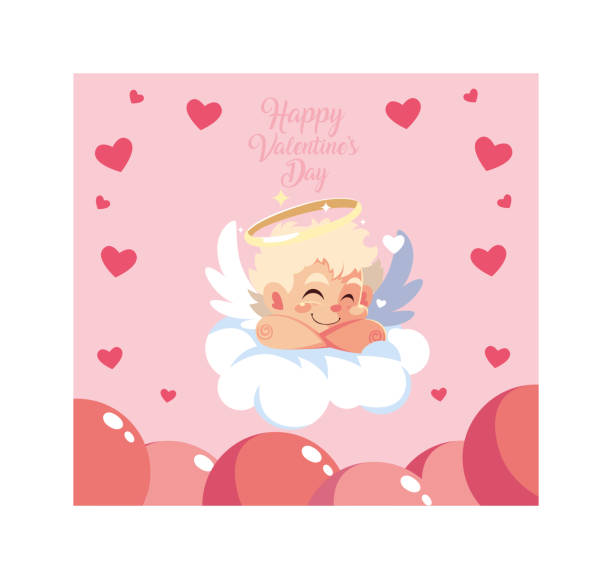 amor engel schlafen auf einer wolke, valentinstag - angel cherub heart shape smiling stock-grafiken, -clipart, -cartoons und -symbole