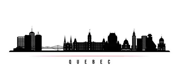 Vector illustration of Quebec skyline horizontal banner. Black and white silhouette of Quebec, Canada. Vector template for your design.