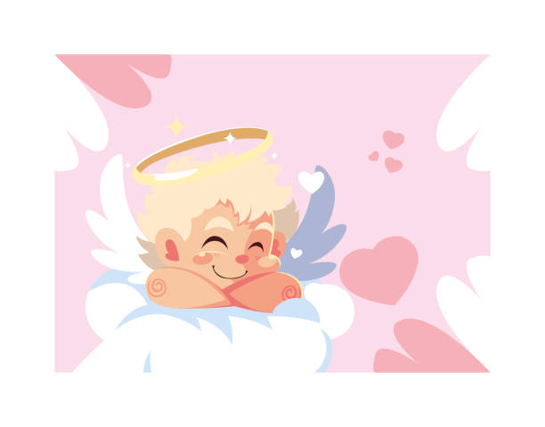 amor engel schlafen auf einer wolke, valentinstag - angel cherub heart shape smiling stock-grafiken, -clipart, -cartoons und -symbole