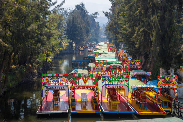 Boats in the Xochimilco canals, Mexico City Boats in the Xochimilco canals, Mexico City mexico city stock pictures, royalty-free photos & images