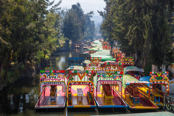 Barcos nos canais Xochimilco, Cidade do México - foto de acervo