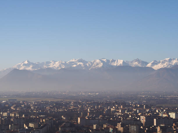 istock Aerial view of Turin with Alps mountains 1201839596