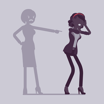 Self-blame emotions, guilt and self-disgust woman. Stressful situation or depression, emotional abuse, shame, worry, unhappiness, responsible for fault or wrong. Vector illustration