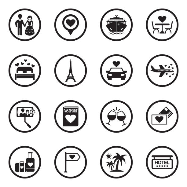 ilustraciones, imágenes clip art, dibujos animados e iconos de stock de iconos de luna de miel. diseño plano negro en círculo. ilustración vectorial. - honeymoon wedding paris france bride