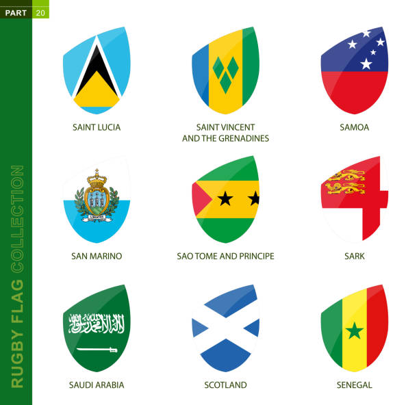 럭비 플래그 컬렉션입니다. 9 개국의 국기와 럭비 아이콘입니다. - england senegal stock illustrations