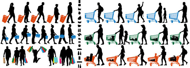 Shopper silhouette. People with shopping carts and grocery baskets. Vector silhouette set Shopper silhouette. People with shopping carts and grocery baskets. Vector silhouette set silhouette symbol computer icon shopping bag stock illustrations