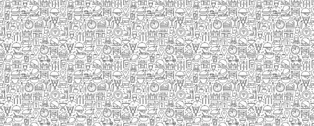 Restaurant Related Seamless Pattern and Background with Line Icons Restaurant Related Seamless Pattern and Background with Line Icons chef designs stock illustrations