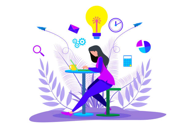 ilustrações, clipart, desenhos animados e ícones de garota trabalhando em laptop e empresário em pé - jovem trabalho