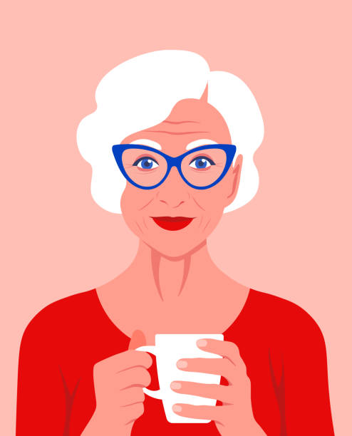 illustrazioni stock, clip art, cartoni animati e icone di tendenza di un'anziana donna tiene una tazza tra le mani e sorride. psicologia. riposa a casa. - grandmother