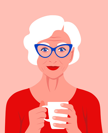 An elderly woman holds a cup in her hands and smiles. Psychology. Rest at home. Vector flat illustration