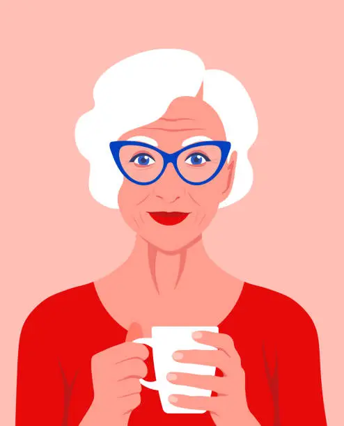 Vector illustration of An elderly woman holds a cup in her hands and smiles. Psychology. Rest at home.