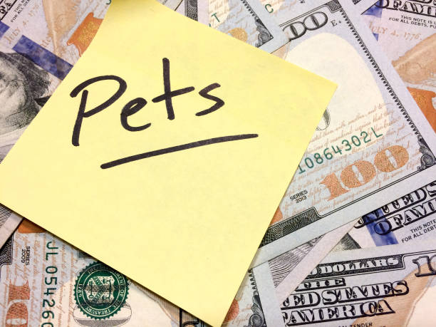 American cash money and yellow sticky note with text Pets American cash money and yellow sticky note with text Pets in black color aerial view philadelphia federal reserve stock pictures, royalty-free photos & images