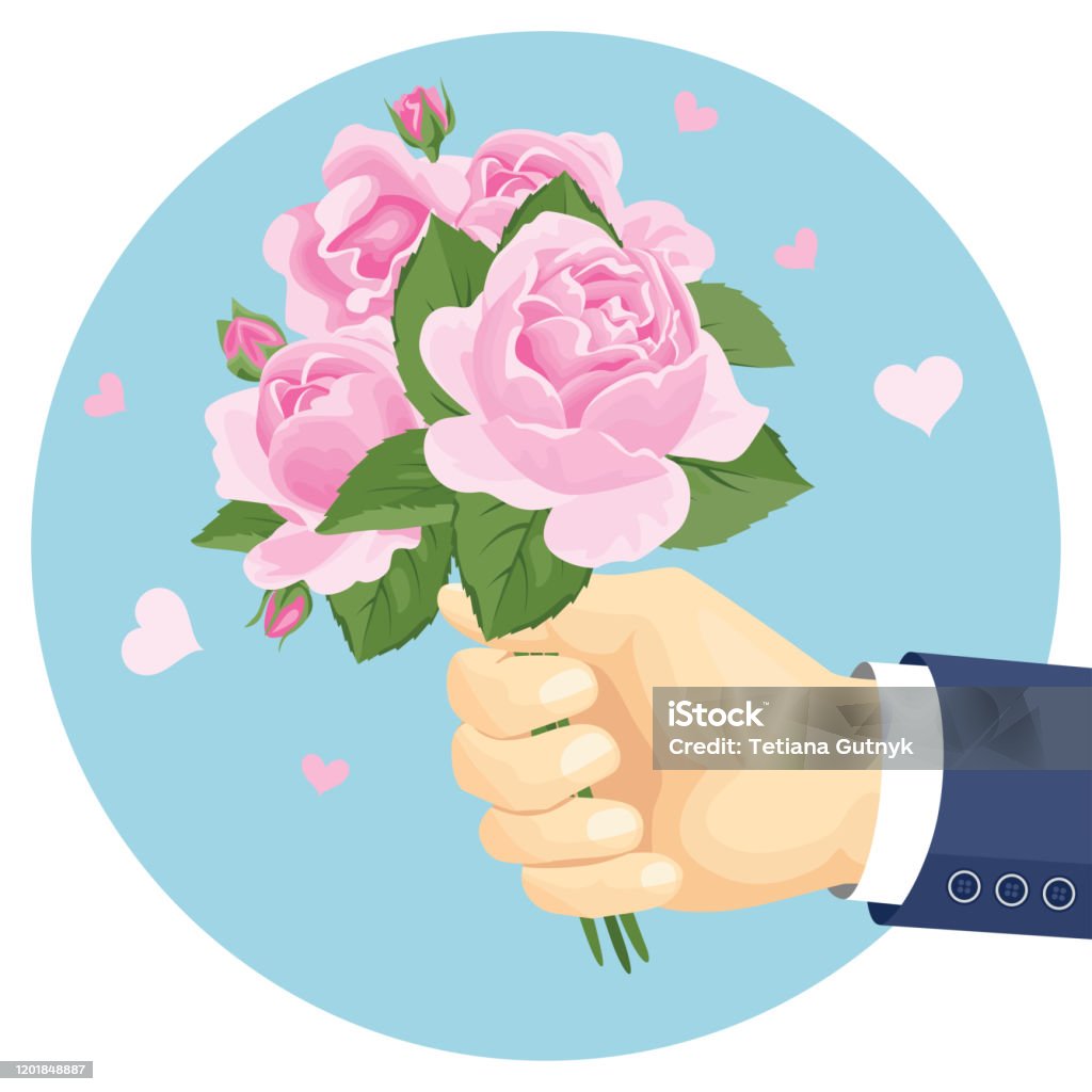 Bó Hoa Hồng Hồng Trên Tay Con Người Hoa Đẹp Vector Minh Họa Trong ...